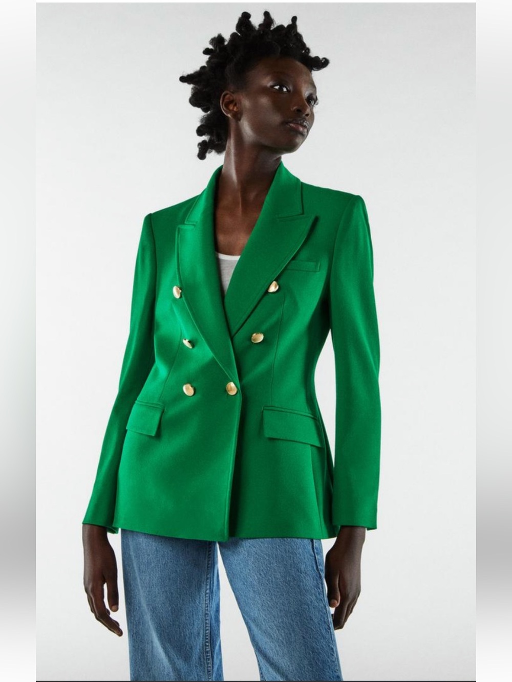 NWT Zara Emerald Green Double-Breasted Blazer with Gold Buttons Large